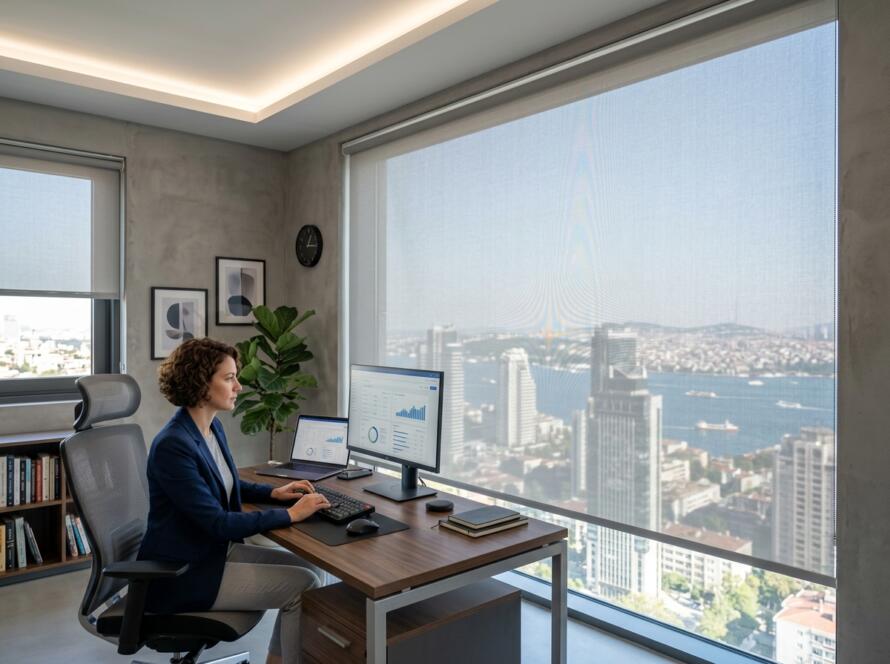 Screen perdeler koleksiyonumuzdan ofislerde bilgisayar ekranı yansımasını önleyen teknolojik tasarımlar