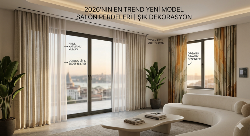 2026 trendi modern salon perdesi modelleri, gizli tavan rayı sistemi ve organik desenli fon perdelerle şık oturma odası dekorasyonu.