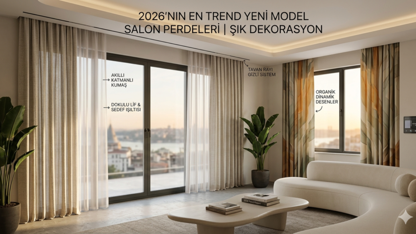 2026 trendi modern salon perdesi modelleri, gizli tavan rayı sistemi ve organik desenli fon perdelerle şık oturma odası dekorasyonu.