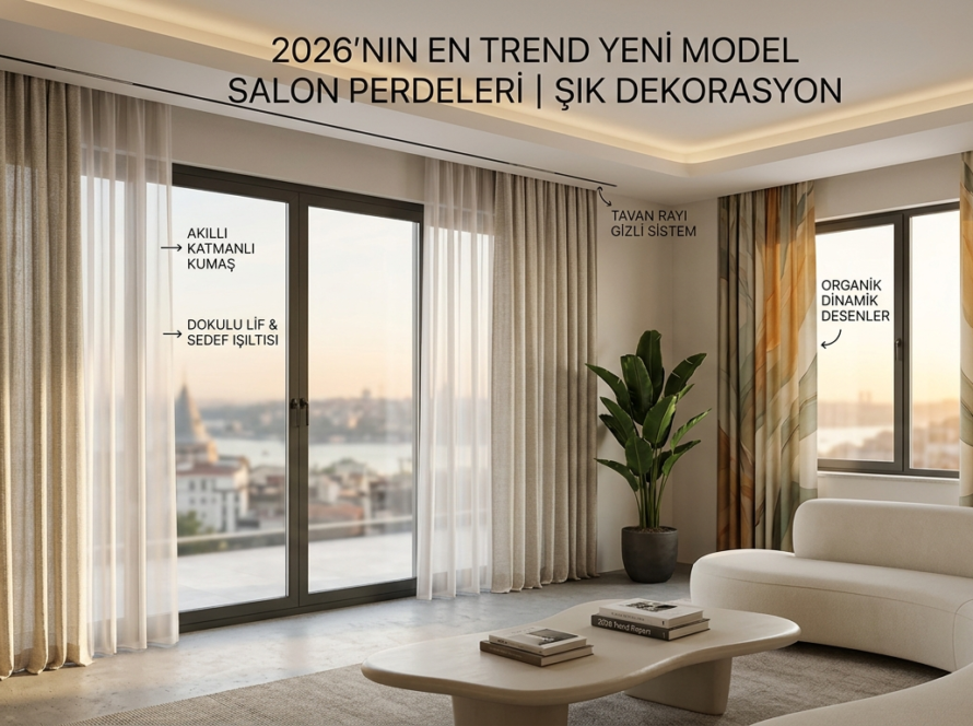 2026 trendi modern salon perdesi modelleri, gizli tavan rayı sistemi ve organik desenli fon perdelerle şık oturma odası dekorasyonu.