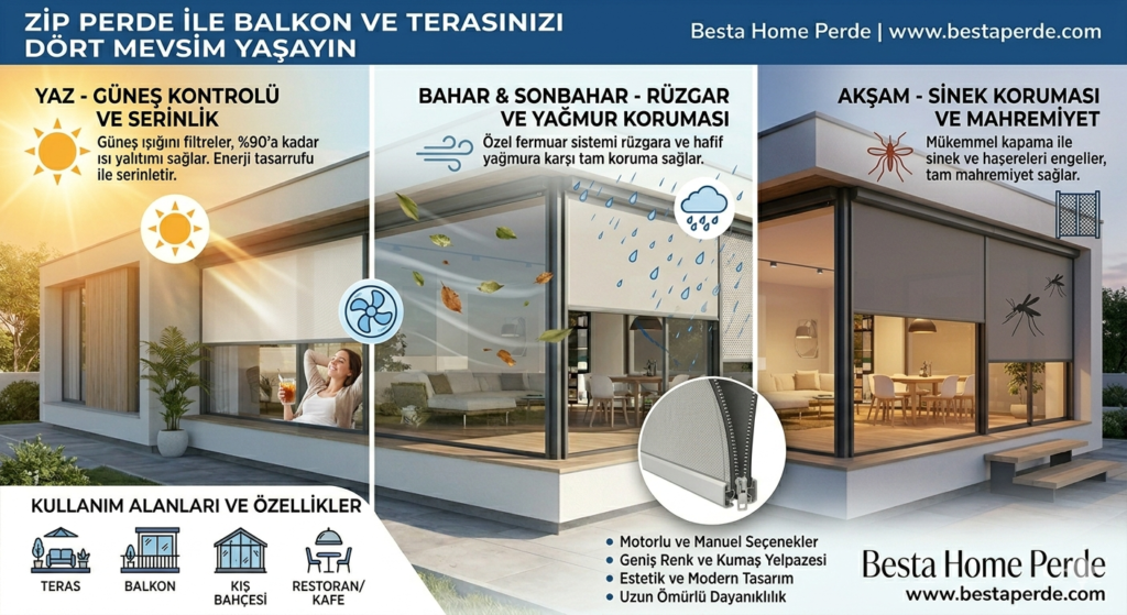 Cam balkon yerine tercih edilen şık gri zip perde uygulaması