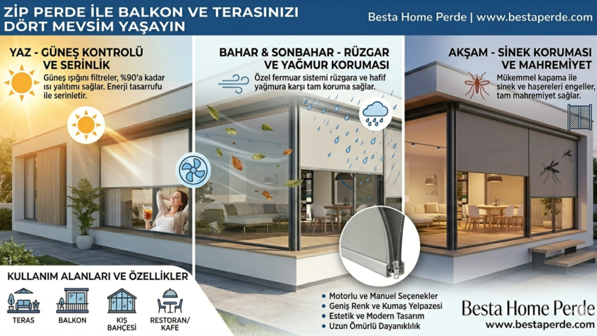 Cam balkon yerine tercih edilen şık gri zip perde uygulaması