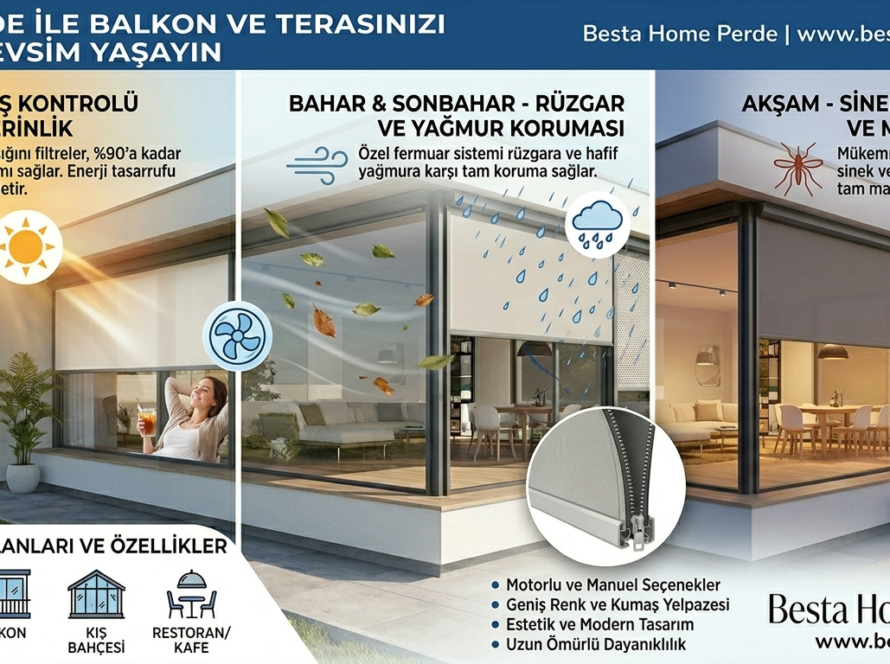 Cam balkon yerine tercih edilen şık gri zip perde uygulaması