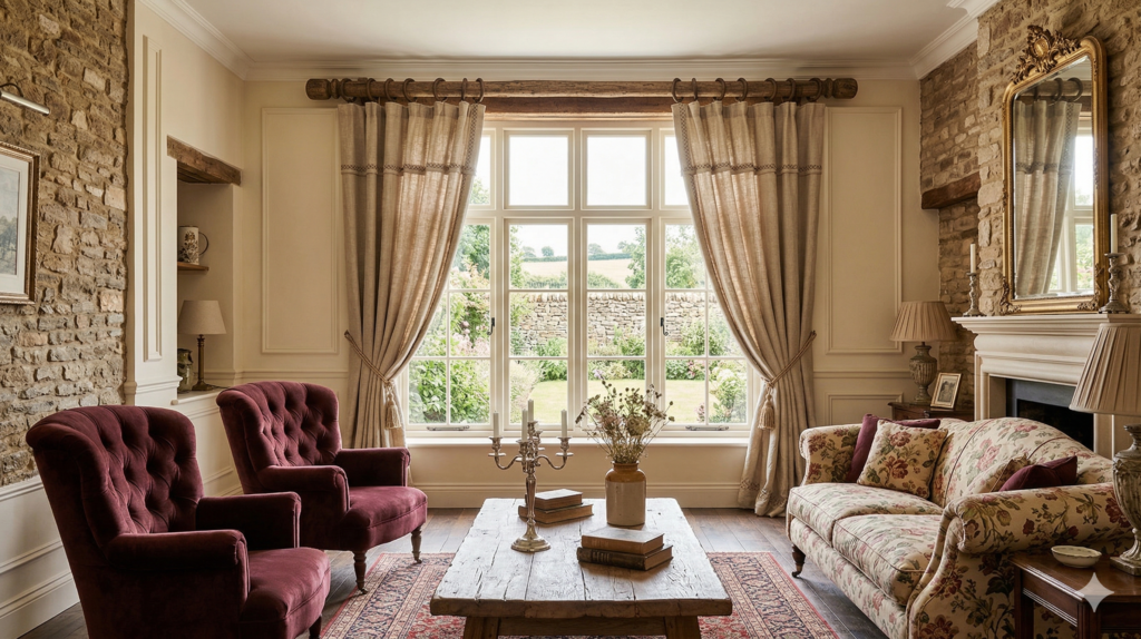 Ahşap bir rustik perde borusuna kalın halkalarla asılmış keten fon perde