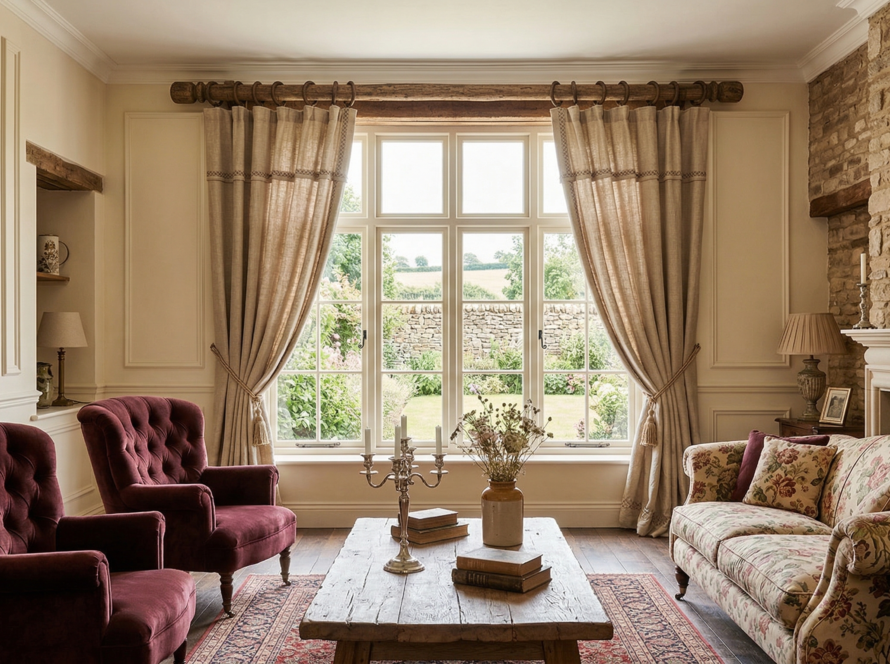 Ahşap bir rustik perde borusuna kalın halkalarla asılmış keten fon perde