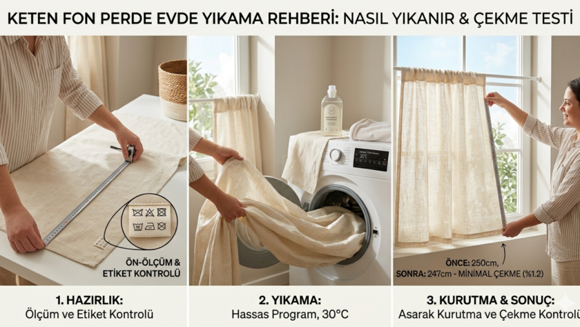 Keten fon perde evde yıkama işlemi sırasında çamaşır makinesine hassas program seçili olarak yerleştiriliyor. Çekme riskini en aza indirmek için 30°C ve düşük devir kullanılıyor.