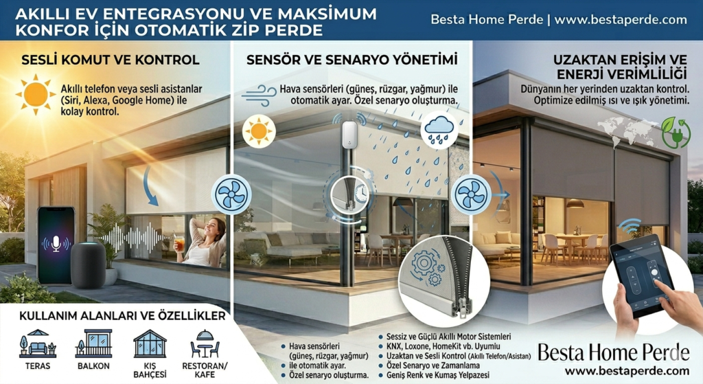 Akıllı telefon uygulamasıyla kontrol edilen motorlu zip perde