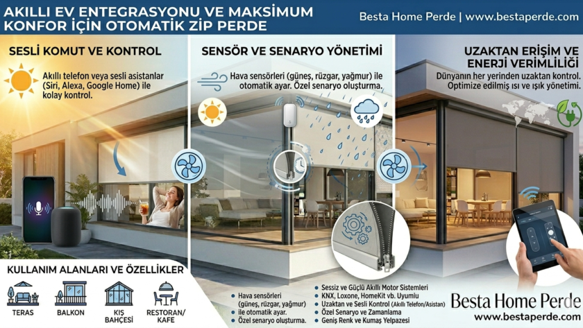 Akıllı telefon uygulamasıyla kontrol edilen motorlu zip perde