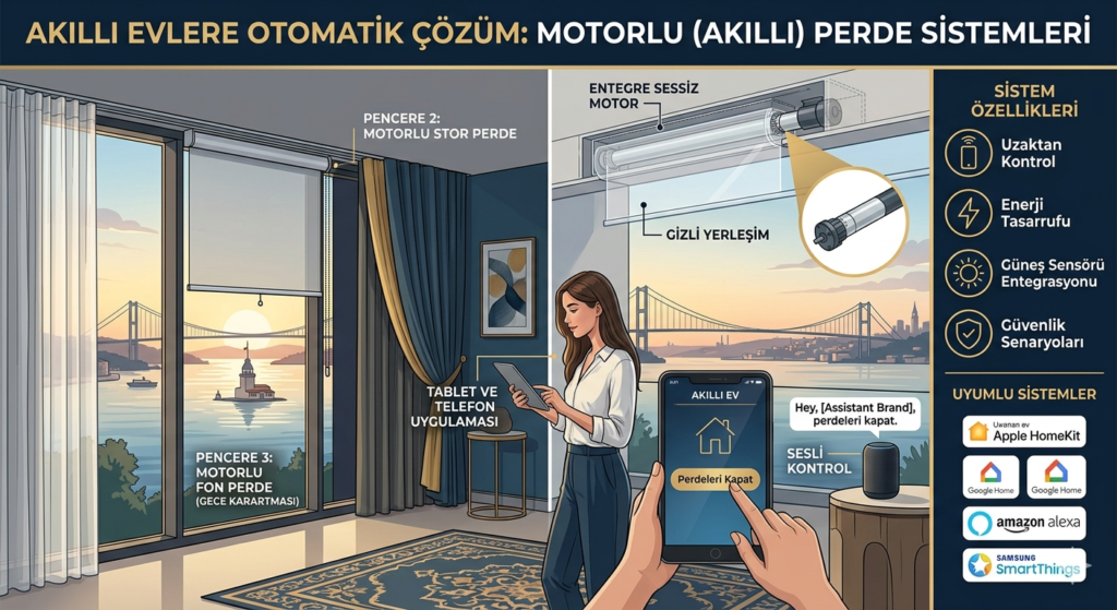 Akıllı telefon ve uzaktan kumanda ile kontrol edilebilen motorlu perde sistemi