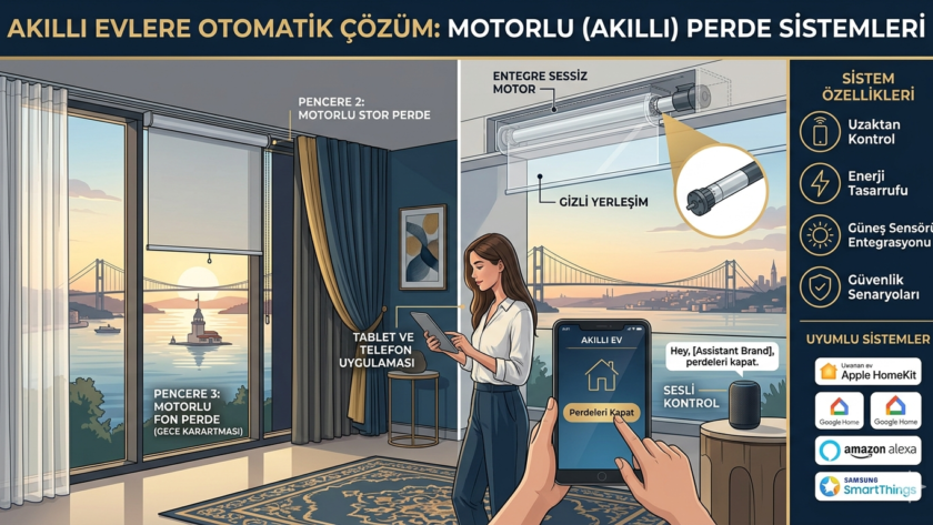 Akıllı telefon ve uzaktan kumanda ile kontrol edilebilen motorlu perde sistemi