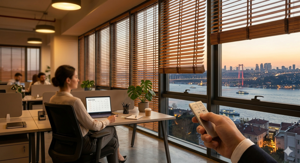 Modern bir ofis ortamında kullanılan ahşap (tahta) jaluzi perde modeli