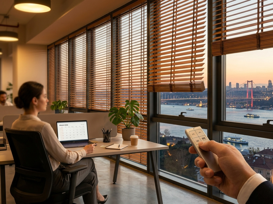 Modern bir ofis ortamında kullanılan ahşap (tahta) jaluzi perde modeli