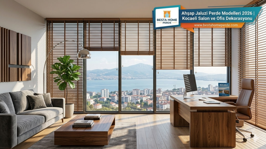 Modern bir İzmit ofisinde cam kenarına uygulanmış geniş bantlı ahşap jaluzi perde