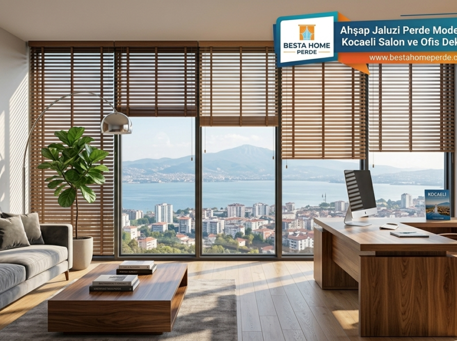 Modern bir İzmit ofisinde cam kenarına uygulanmış geniş bantlı ahşap jaluzi perde