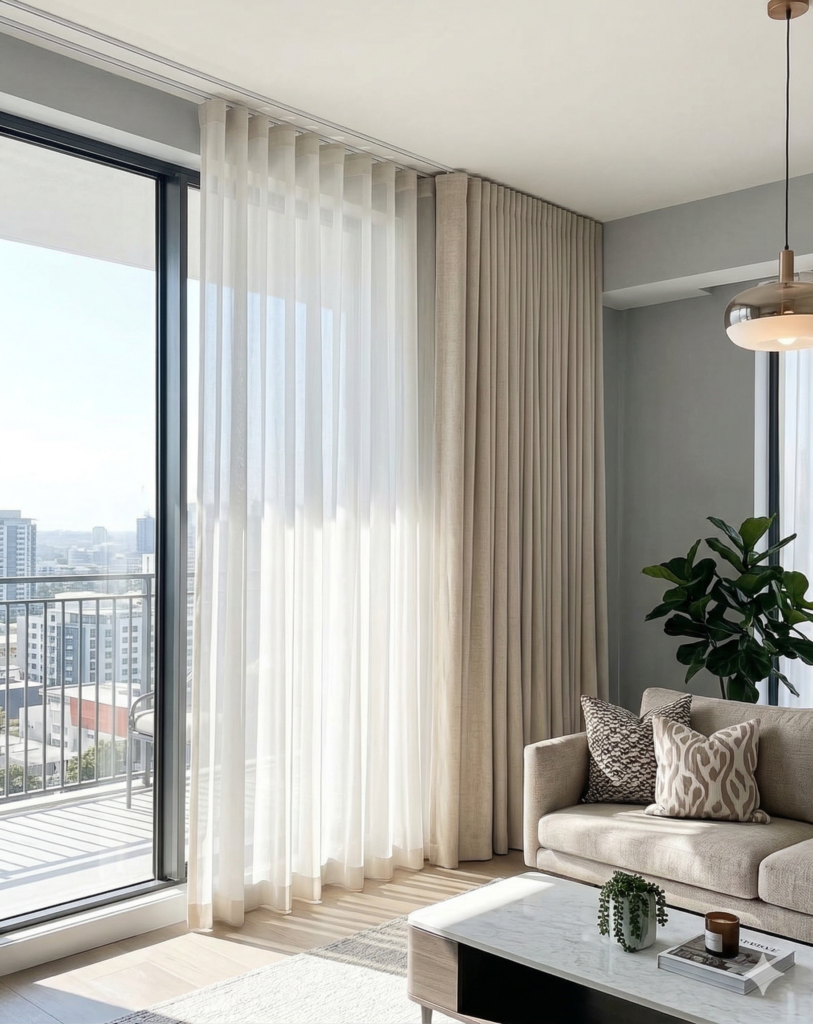 Geniş bir Kocaeli salonunda yere kadar uzanan dökümlü S pile tül perde