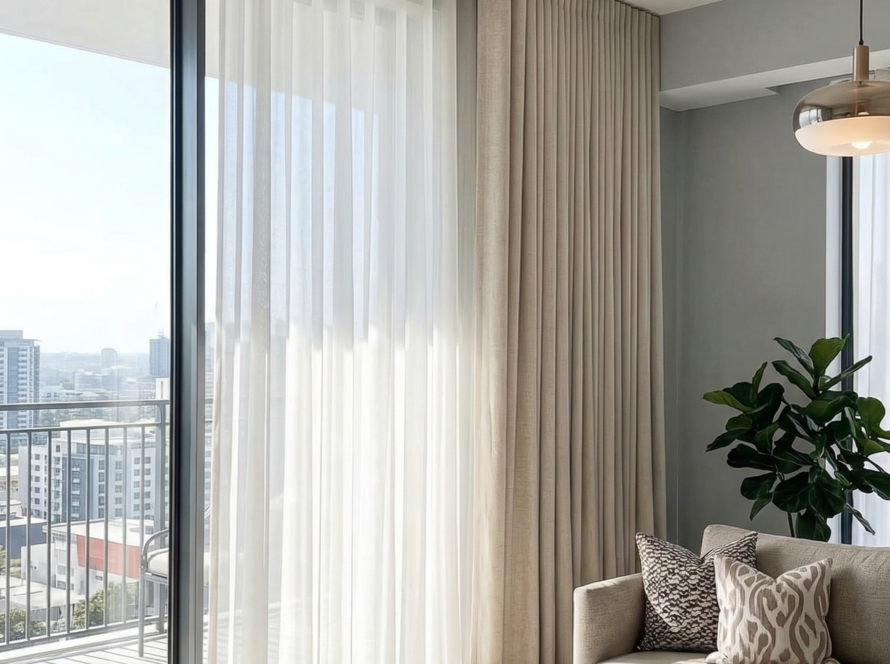 Geniş bir Kocaeli salonunda yere kadar uzanan dökümlü S pile tül perde