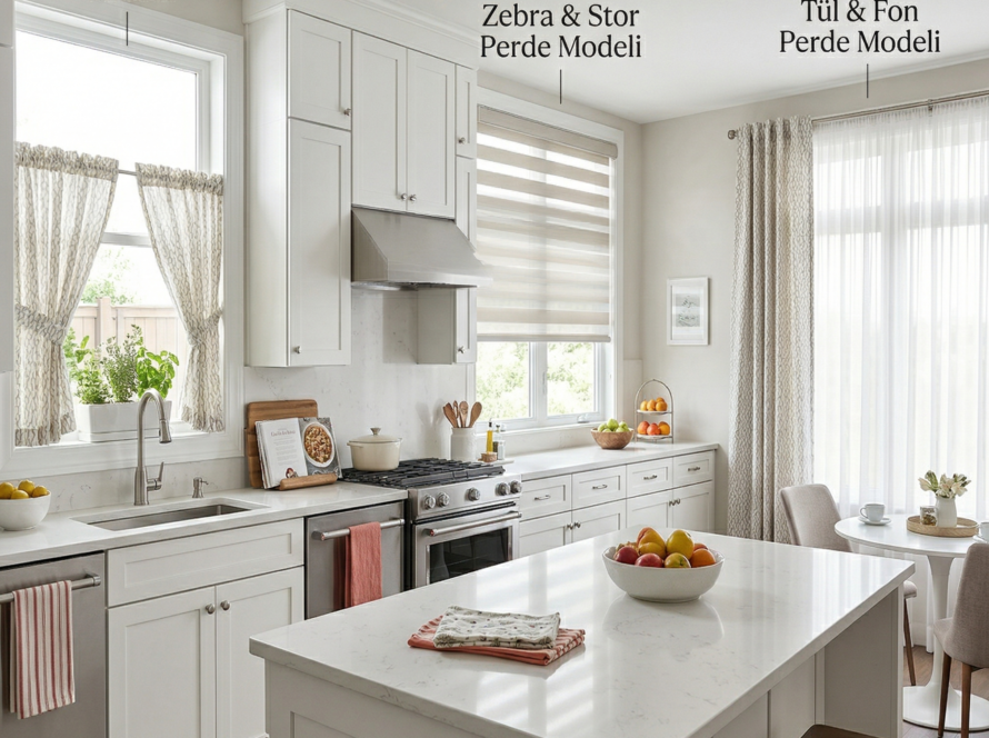 Beyaz dolaplı modern bir mutfakta, tezgah üstü pencereye uygulanan pratik plise perde