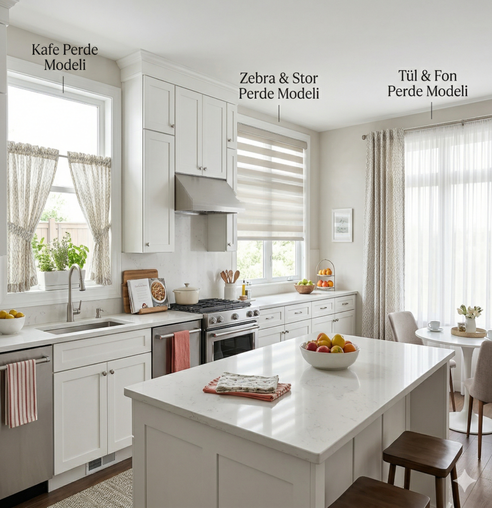 Beyaz dolaplı modern bir mutfakta, tezgah üstü pencereye uygulanan pratik plise perde