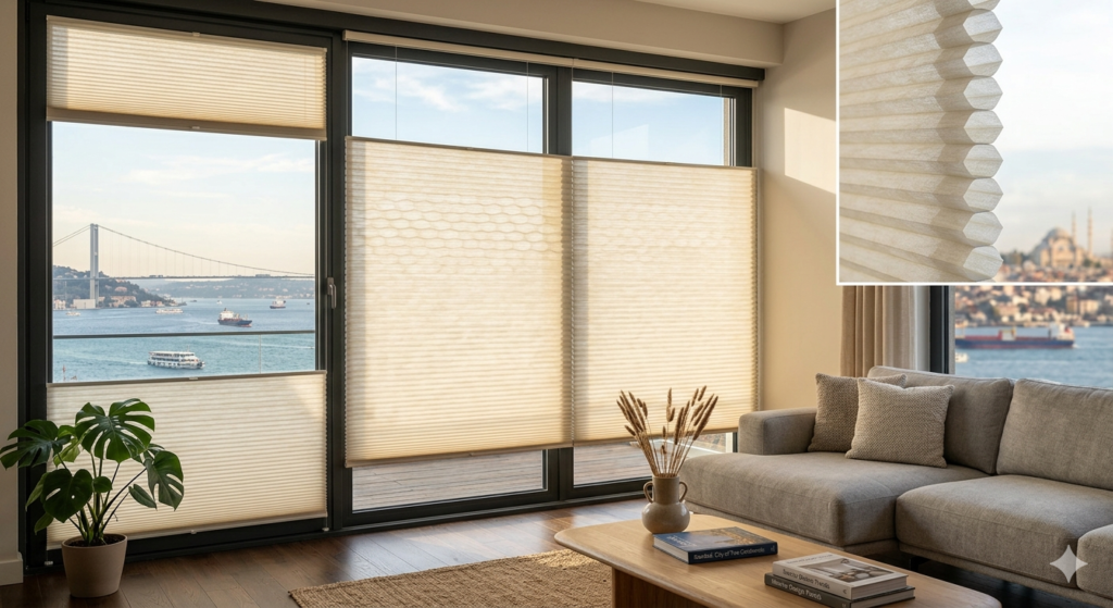 Isı yalıtımı sağlayan petek dokulu düet perde modeli