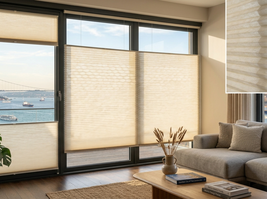 Isı yalıtımı sağlayan petek dokulu düet perde modeli