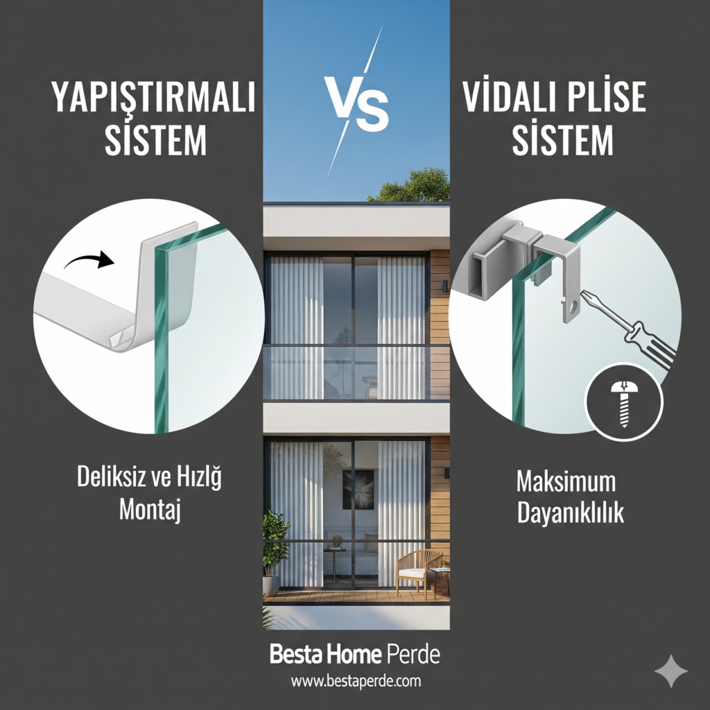 PVC pencereye yapıştırma yöntemiyle takılan piliseli perde aparatı