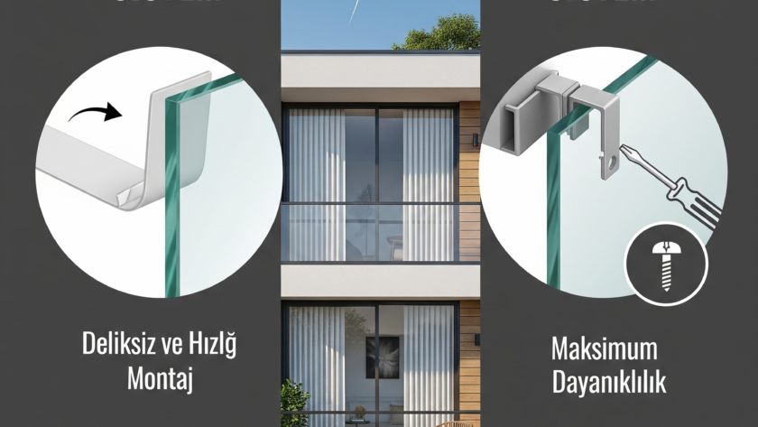 PVC pencereye yapıştırma yöntemiyle takılan piliseli perde aparatı