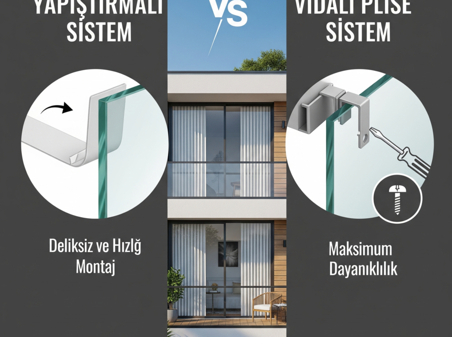 PVC pencereye yapıştırma yöntemiyle takılan piliseli perde aparatı