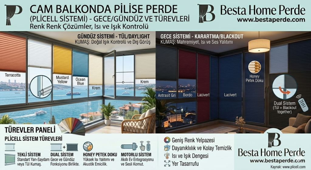 Kocaeli'de bir apartman dairesinde cam balkona monte edilmiş plise perdeler