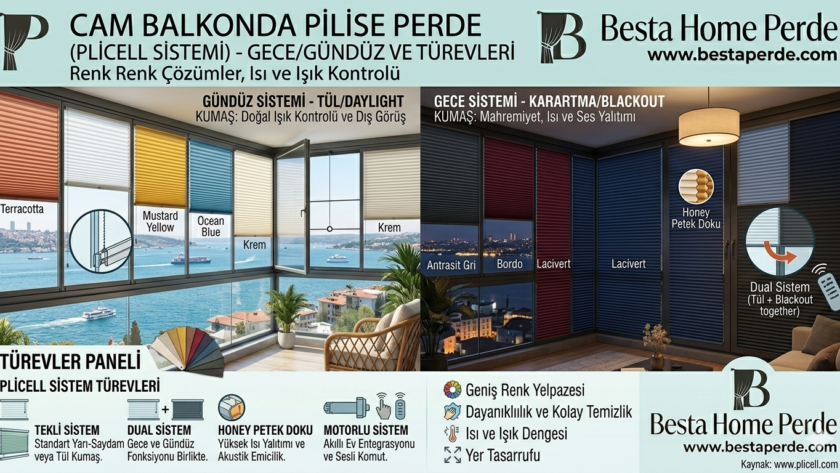 Kocaeli'de bir apartman dairesinde cam balkona monte edilmiş plise perdeler