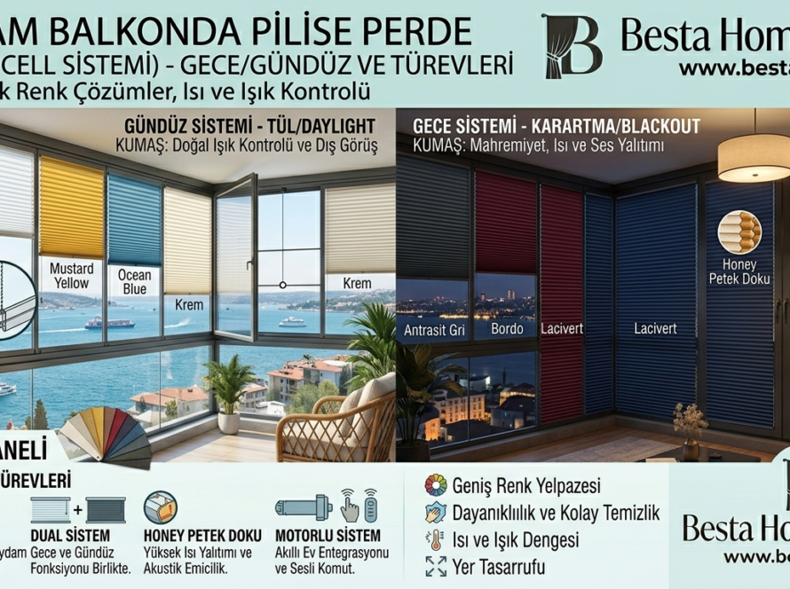 Kocaeli'de bir apartman dairesinde cam balkona monte edilmiş plise perdeler