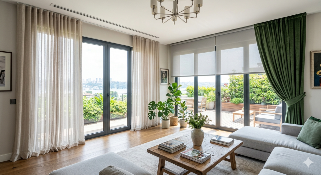 Geniş tabandan tavana Fransız pencereleri için tasarlanmış modern, lüks bir penthouse living room, İstanbul manzarası ve gizli tavan rayı sistemi ile continuous, layered sheers ve bio-linen Fransız cam perde modelleri.