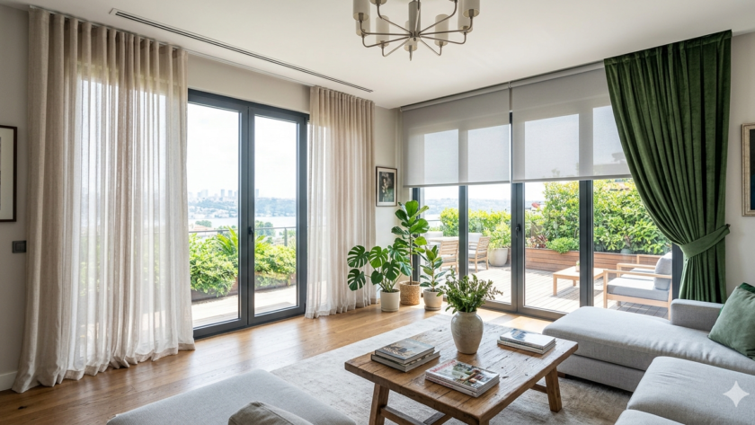 Geniş tabandan tavana Fransız pencereleri için tasarlanmış modern, lüks bir penthouse living room, İstanbul manzarası ve gizli tavan rayı sistemi ile continuous, layered sheers ve bio-linen Fransız cam perde modelleri.