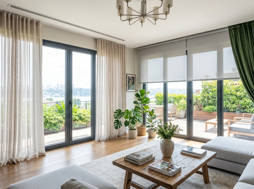 Geniş tabandan tavana Fransız pencereleri için tasarlanmış modern, lüks bir penthouse living room, İstanbul manzarası ve gizli tavan rayı sistemi ile continuous, layered sheers ve bio-linen Fransız cam perde modelleri.