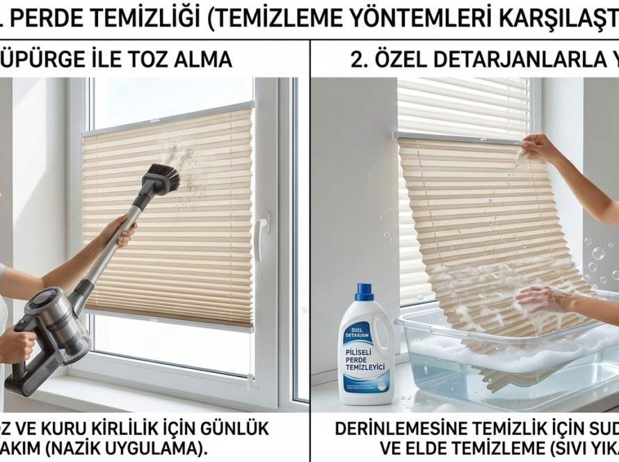 Su dolu bir kapta nazikçe yıkanan pilise perde kumaşı