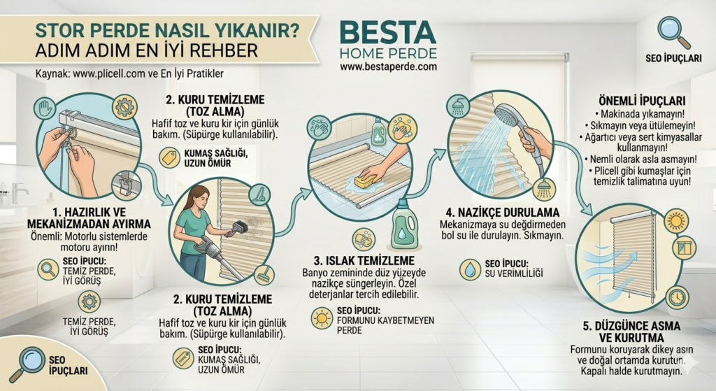 Evde banyo zemininde yumuşak süngerle yıkanan beyaz stor perde