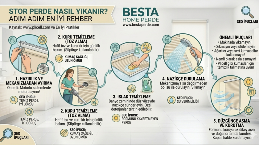 Evde banyo zemininde yumuşak süngerle yıkanan beyaz stor perde