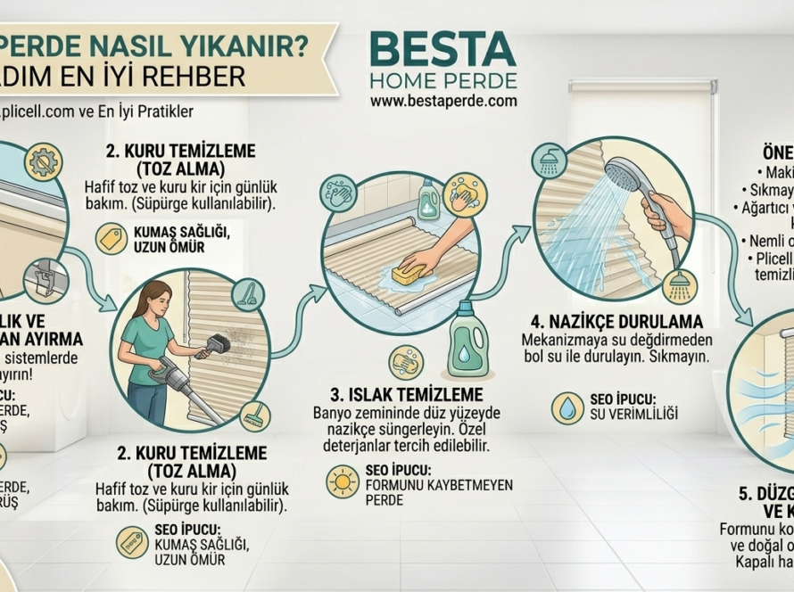 Evde banyo zemininde yumuşak süngerle yıkanan beyaz stor perde