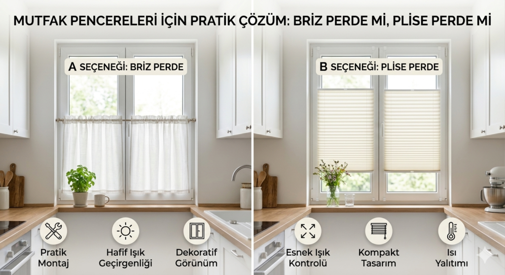 Mutfak penceresinde kullanılan pratik briz ve plise perde modelleri