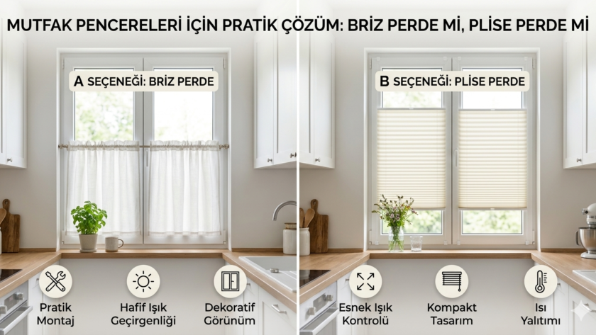 Mutfak penceresinde kullanılan pratik briz ve plise perde modelleri