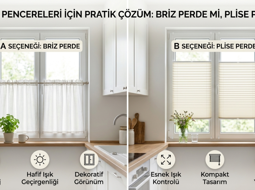 Mutfak penceresinde kullanılan pratik briz ve plise perde modelleri
