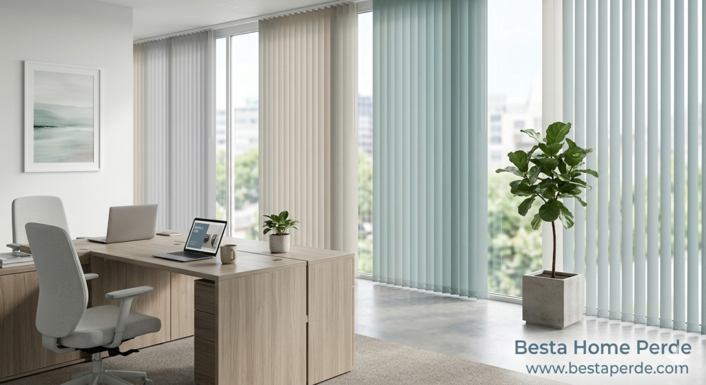 Geniş camlara sahip bir plaza ofisinde uygulanan güneş kırıcı screen stor perdeler