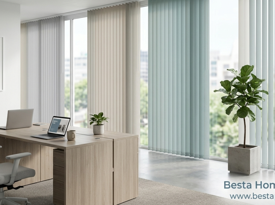 Geniş camlara sahip bir plaza ofisinde uygulanan güneş kırıcı screen stor perdeler