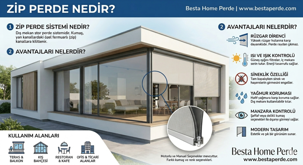 Modern bir terasta kurulu siyah renkli zip perde sistemi