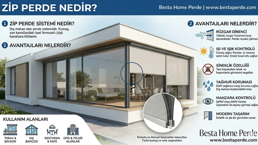 Modern bir terasta kurulu siyah renkli zip perde sistemi