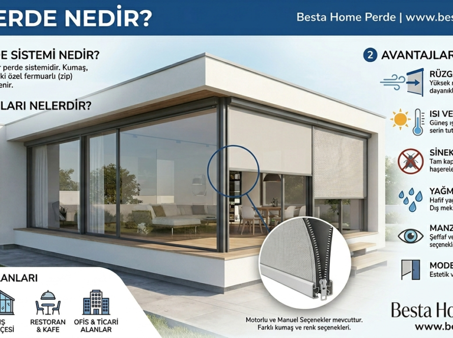 Modern bir terasta kurulu siyah renkli zip perde sistemi