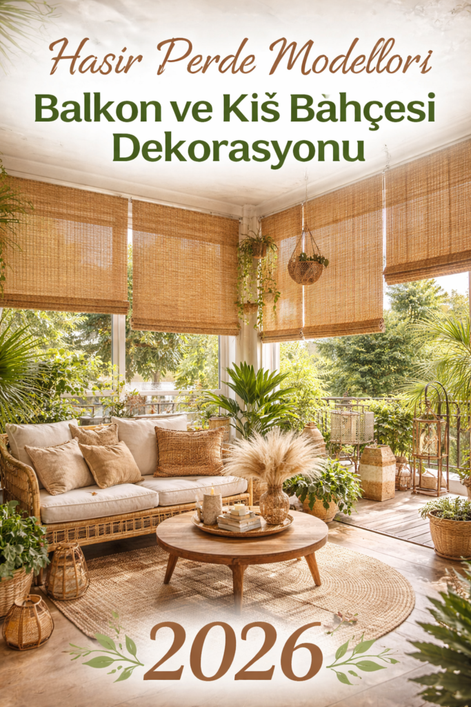 Kartepe'de ahşap bir kış bahçesine uygulanmış doğal dokulu rulo hasır perde