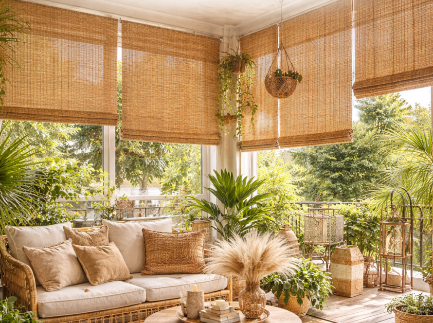 Kartepe'de ahşap bir kış bahçesine uygulanmış doğal dokulu rulo hasır perde