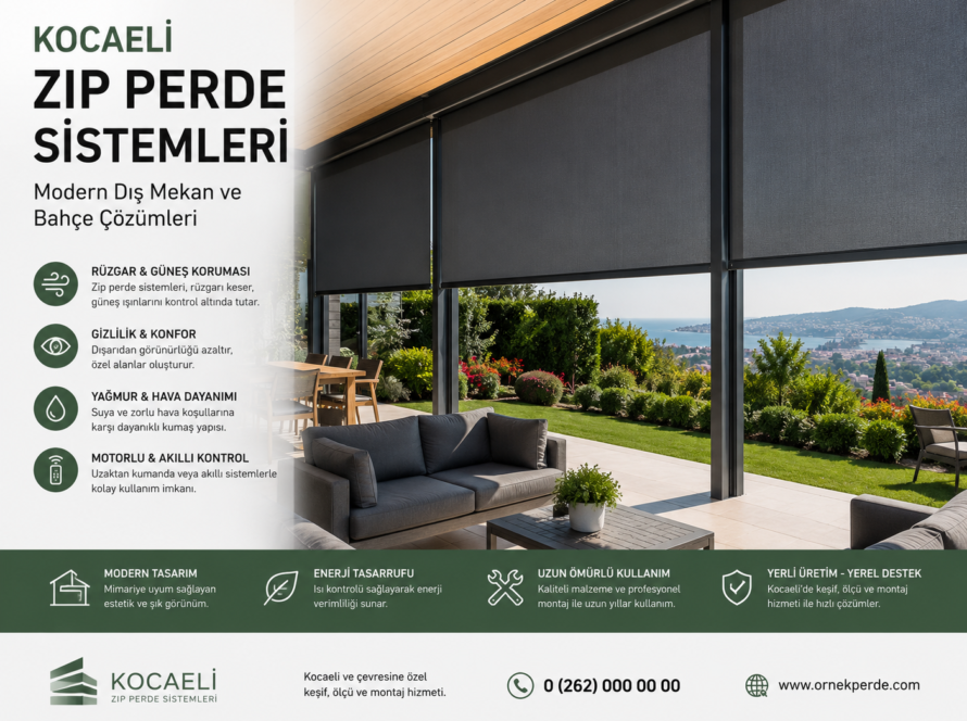 Kocaeli genelinde rüzgara, yağmura ve güneşe dayanıklı motorlu zip perde sistemleri. Ev, villa ve işletmeler için imalatçı fiyatlarıyla zip perde çözümleri.