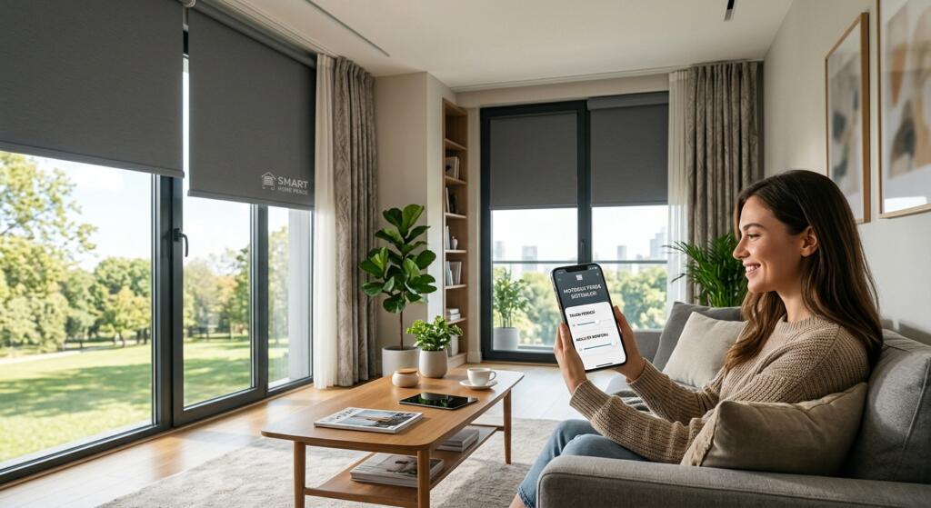 Akıllı ev sistemine bağlı motorlu perdeyi akıllı telefon uygulamasıyla kontrol eden kadın ve modern oturma odası