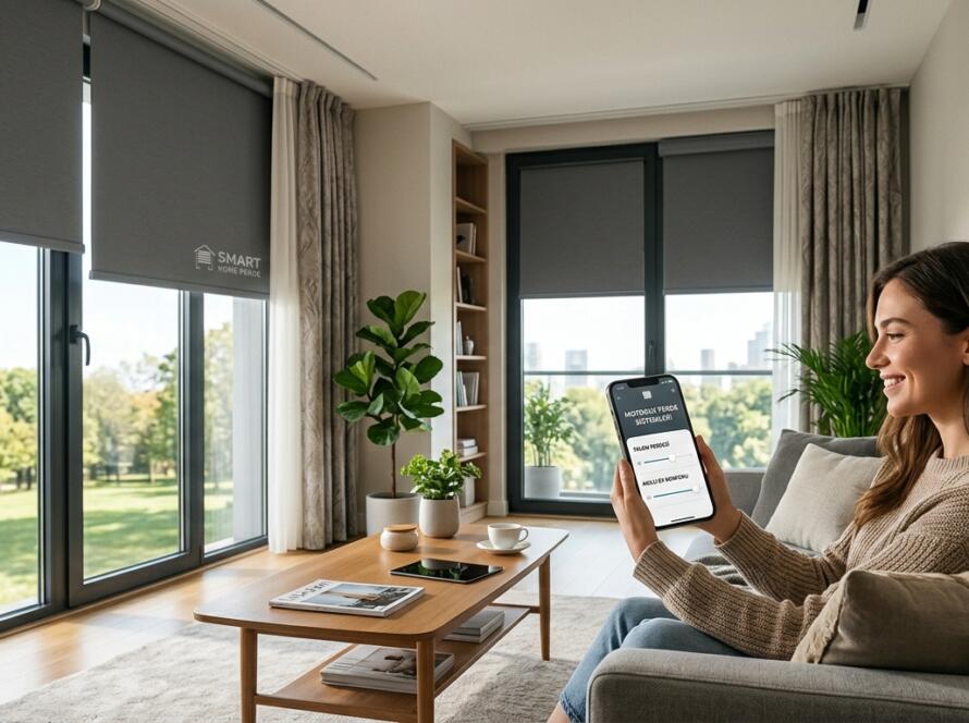 Akıllı ev sistemine bağlı motorlu perdeyi akıllı telefon uygulamasıyla kontrol eden kadın ve modern oturma odası
